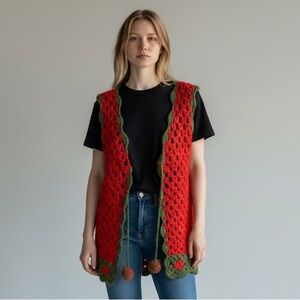 Christmas crochet vest red green size medium handmade holiday open stitch W/tie
